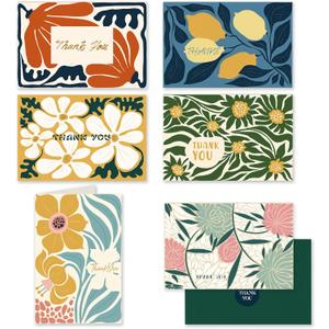 qiqee Color Contrast Flower Thank You Cards Greeting Gift Cards for Handwritten Messages 4x6 Inch 6 Design Birthday Thank You Notes (24pcs +24pcs Envelopes)