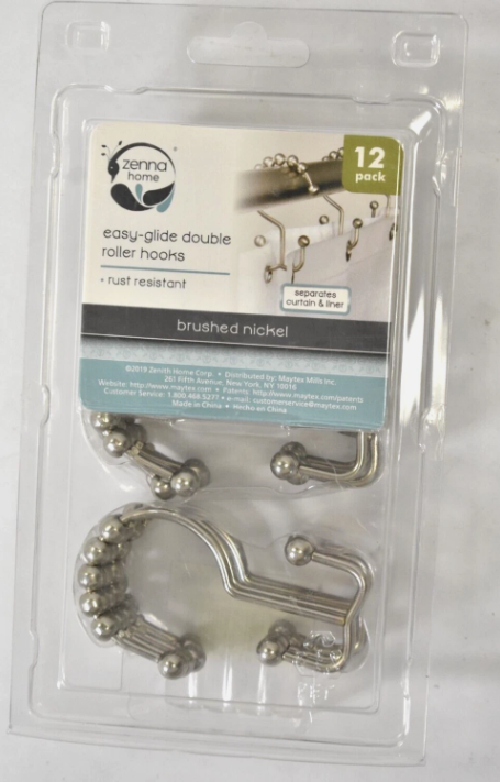 Zena Home Easy Glide Double Roller Hooks 12 Pack Brushed Nickel