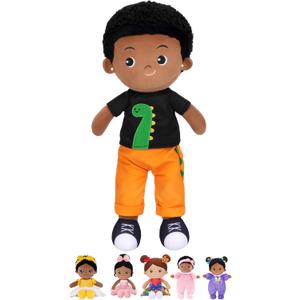 OUOZZZ 13" Black Baby Doll Toys for 1 + Year Old Boy Gifts, African American Doll Birthday Gifts for 1 Year Old Boy Christmas Plush Toys Gift for Toddler Kids Dinosaur