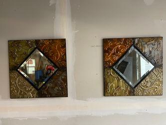 Set of 2 Vintage Embossed Metal Wall Mirrors – Boho Rustic Decor, Diamond Center