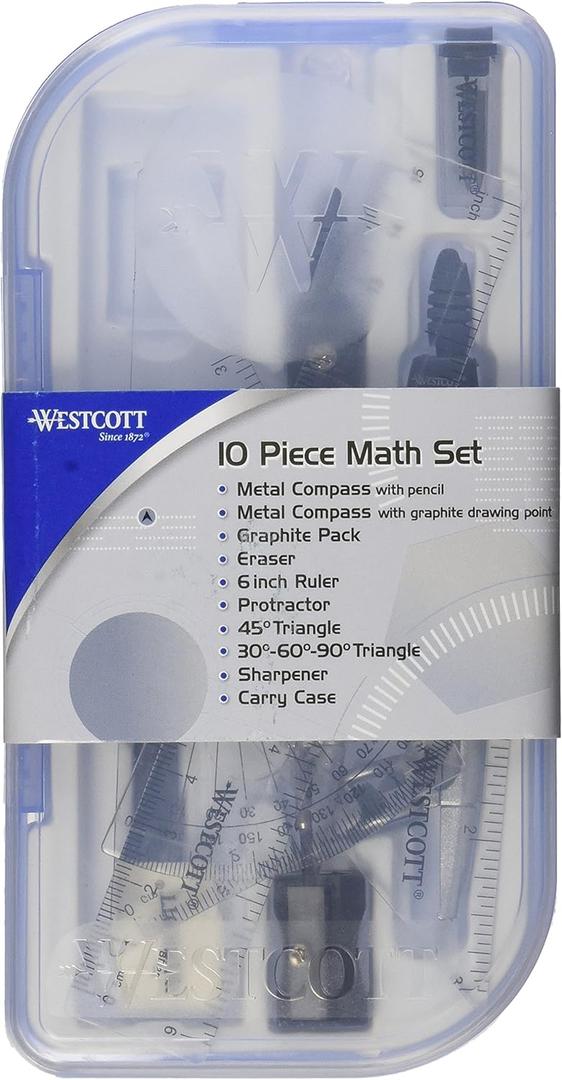 Westcott 10-Piece Math Set for Students, Includes 2 Compasses, Protractor & Ruler, Back to School, Classroom, School Supplies, Geometry Practice, Durable Storage Case