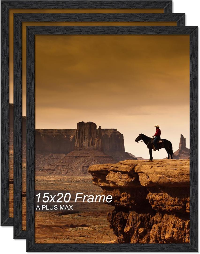 A PLUS MAX 15x20 Picture Frame Set of 3, Black Engineered Wood Frame for 15 x 20 Inch Picture Poster Photo, Light Weight 15 by 20 Frame with Wood-grain for Wall - 3 Pack/Black/15 x20