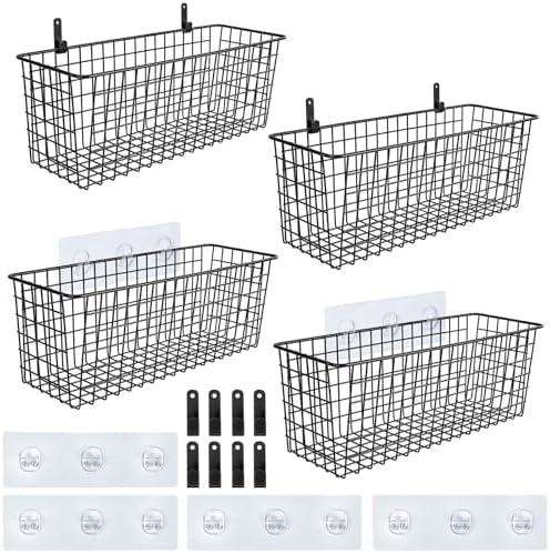 4 Set [EXTRA LARGE] Hanging Wall Mount Storage Baskets w/Adhesive Hooks & Steel Hooks, Multiuse Sturdy Wire Metal Organizing Baskets for Home Kitchen Bathroom Pantry Utility Laundry Organizer, Black