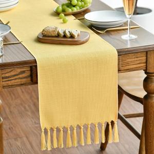 Artoid Mode Yellow Tassel Table Runner, Summer Linen Blend Rustic Farmhouse Style Kitchen Table Decoration Holiday Wedding Party Dinning Decor 13x72 Inch