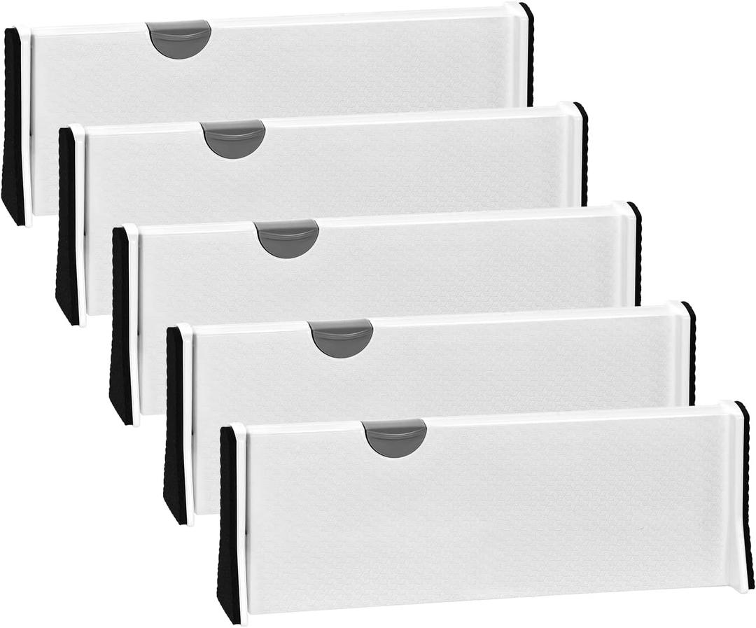 JONYJ Drawer Dividers Organizer 5 Pack, Adjustable Separators 4" High Expandable from 11-17" for Bedroom, Bathroom, Closet,Clothing, Office, Kitchen Storage, Strong Secure Hold, Foam EndsWhite