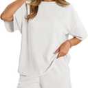 Aoysky Womens Waffle Knit 2 Piece Outfits Casual Short Sleeve Shirts and Shorts Sets Loose Fit Summer Outfits (Large, White)