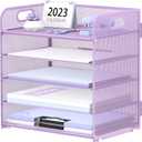 Supeasy 5 Trays Paper Organizer Letter Tray with Handle-Mesh Desk File Organizer, Paper Sorter Desk Organizer for Office, Home or School (Purple)