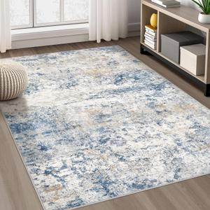 Area Rug Living Room Rugs - 5x7 Abstract Large Soft Indoor Washable Rug Neutral Modern Low Pile Carpet for Bedroom Dining Room Farmhouse Home Office - Blue