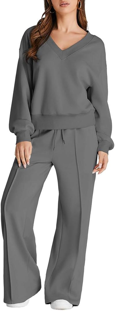 Herseas Women's 2 Piece Outfits Pajama Set Long Sleeve Top Wide Leg Pants Airport Teacher Vacation Loungewear Sweat Lounge Matching Set Dark Grey Large
