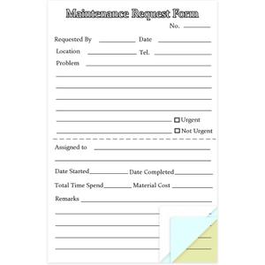 Generic 300 Sets Maintenance Request Forms, 3 Part Carbonless, 6 Pack 5.5 x 8.5 Inch Maintenance Request Slips, Repair Request Forms (50 Sets Each Pad), WHITE Generic 300 Sets Maintenance Request Forms, 3 Part Carbonless, 6 Pack 5.5 x 8.5 Inch Maintenance Request Slips, Repair Request Forms (50 Sets Each Pad), WHITE