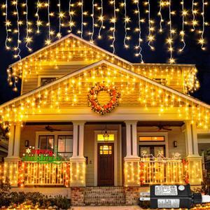 Nielfoi Warm White Christmas Lights Outdoor, 66ft 640 LED Icicle Lights for Outside House with Connectable Clear Wire 8 Modes Timer, Plug in Waterproof for Eaves Yard Party Indoor Holiday Decoration