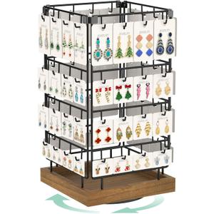EsLuker.ly Rotating Earring Display Holder Stand for Vendors Events Selling, Large Capacity 64 Hooks Jewelry Rack with Wooden Base for Earring Card Sales, Enhances Retail Display Visibility
