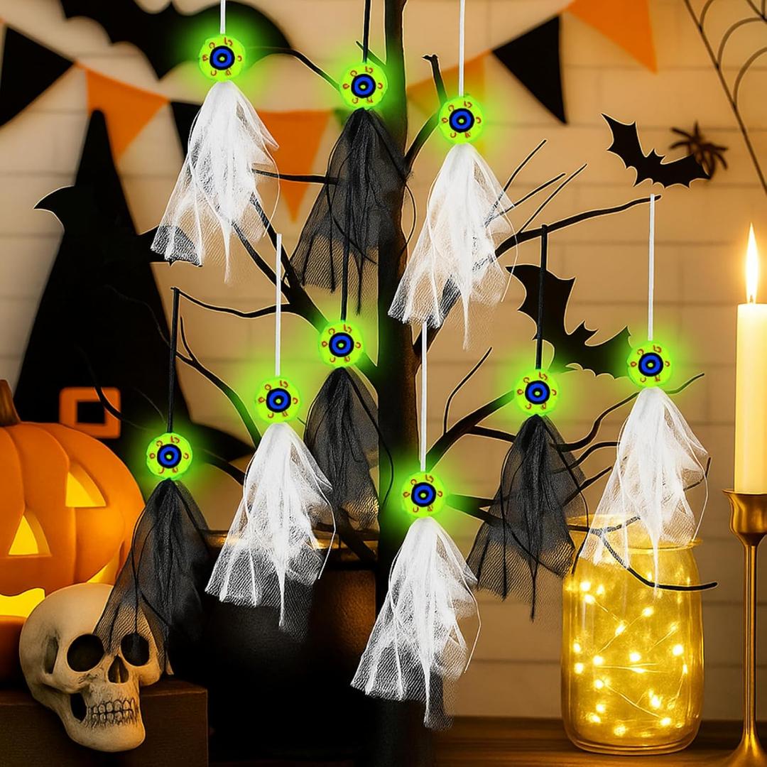 Thyle 12 Pcs Halloween Glow Eyeball Hanging Ornaments in The Dark, 5.5 Inch Fake Spooky Eyeballs Gauze Tree Ornaments, Halloween Indoor Outdoor Luminous Decor for Yard, Lawn, Haunted House Party