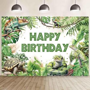 MEHOFOND 7x5ft Reptile Birthday Backdrop Lizard Snake Turtle Birthday Party Supplies Wild Tropical Vegetation Jungle Birthday Photography Background