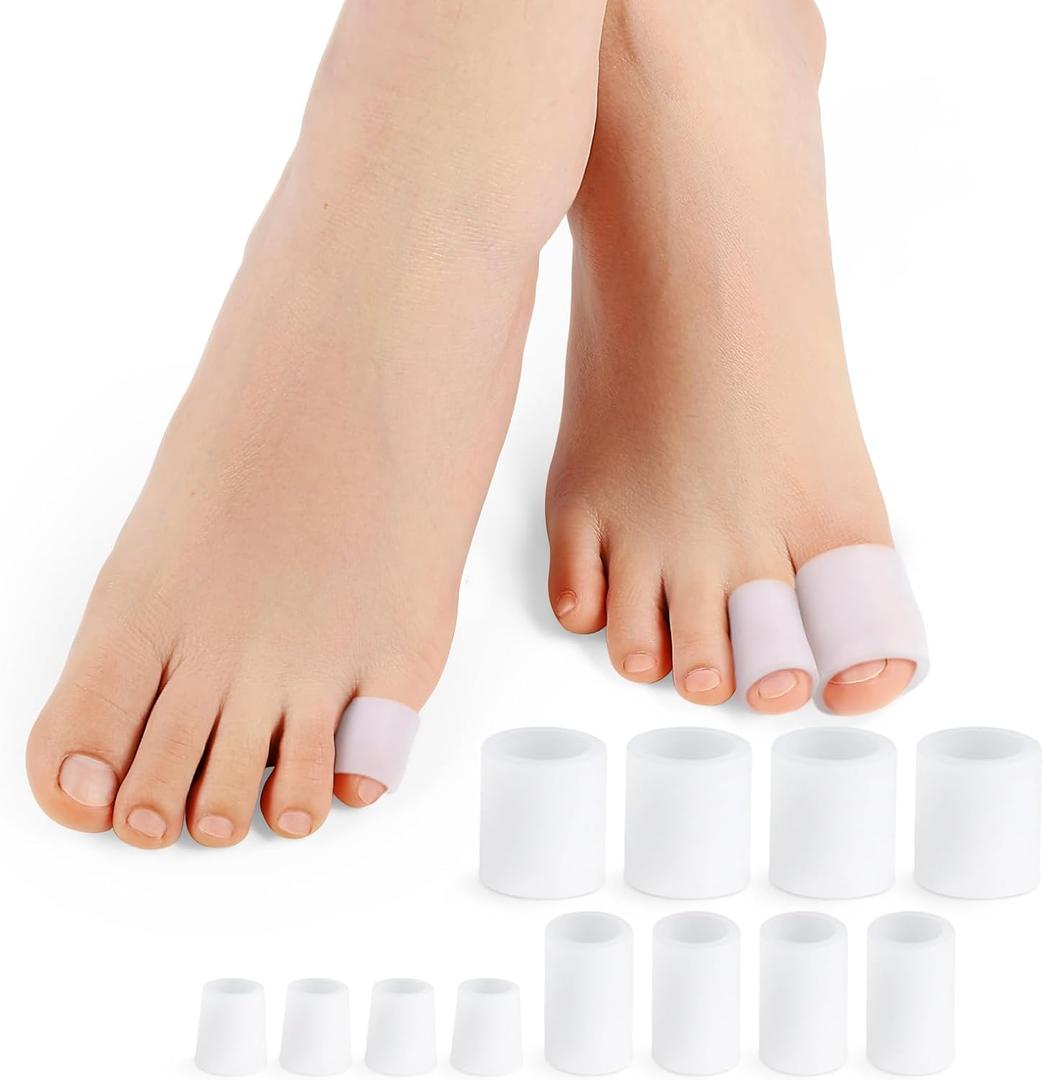 Povihome Toe Sleeves, Toe Protectors, 12 Pack Toe Tube Pads for Hammer Toe, Stubbed Toe, Corns, Calluses Protect (3 Different Sizes, White)