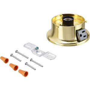 Aspen Creative 22103-06-1, Flush Mount Ceiling Fixture Shade Holder Kit with Outlet in Brushed Brass Finish 3-5/8" Fitter, 4-3/4" Diameter x 2" Height