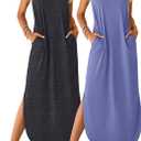 Ficerd 2 Pcs Women's Maxi Dresses Summer Sleeveless Beach Long Dress V Neck Casual Loose Split Sundress with Pockets (L)