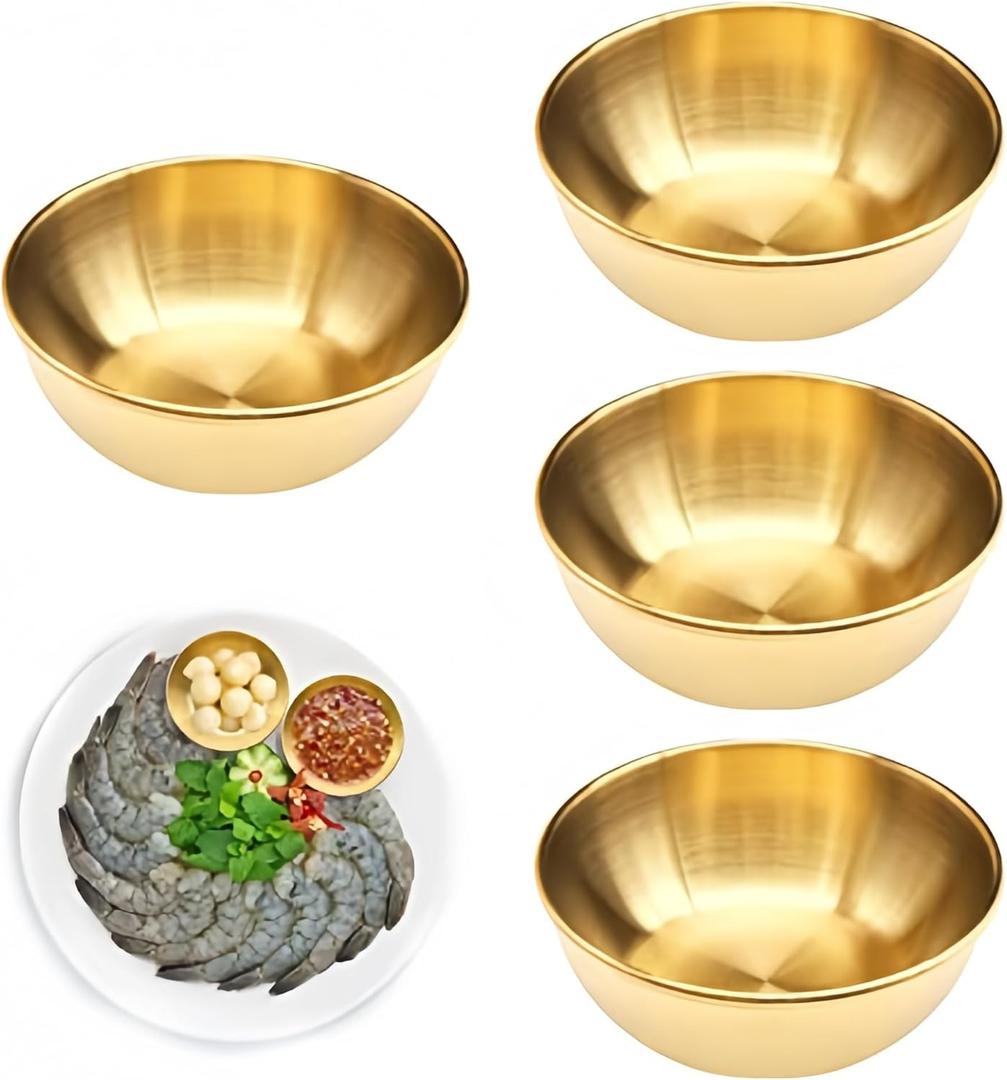 4 Pcs 3.2inch Stainless Steel Small Bowls for Dips, Round Gold Bowl Seasoning Dishes for Side dishes, Appetizer, Dip, Sushi