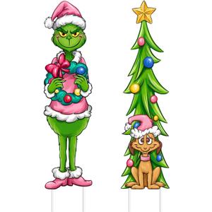 Christmas Cartoon Character Yard Sign with Stakes, Xmas Tree Max Dog Lawn Sign Outdoor Decor, Funny Winter Holiday Outside Garden Prop Decorations Party Supplies