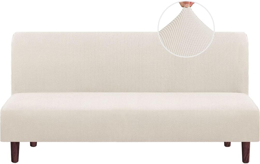 PrinceDeco Stretch Armless Futon Cover Futon Slipcover Full Queen Size Couch Cover Futon Sofa Bed Cover Furniture Protector with Elastic Bottom, Machine Washable,Ivory