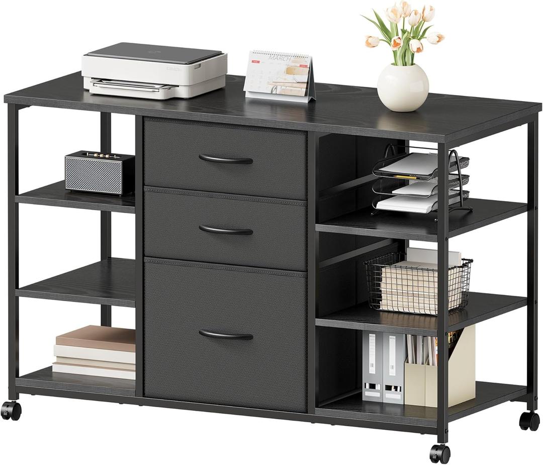Mobile File Cabinet,Lateral Filing Cabinet with 3 Fabric Drawers,Rolling Printer Stand with 4 Open Storage Shelf for Home Office,Black