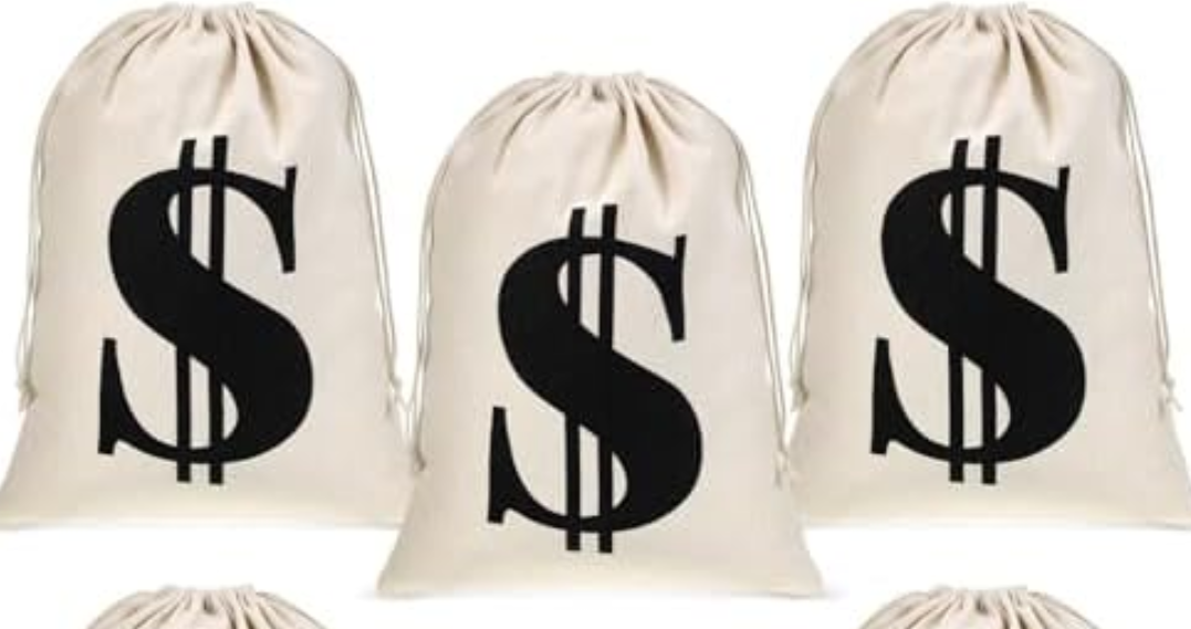 Sunnymove 3 Pcs Large 11.8 x 15.7 Inches Money Bag Prop Canvas Drawstring Money Bag Dollar Sign Carrying Sack for Bank Robber Pirate Cowboy Cosplay Theme Halloween Party Favors(White)