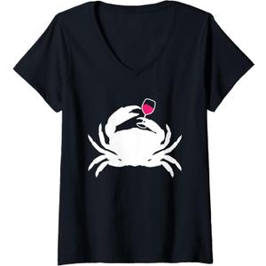 Womens Crab Ocean Gift Wine Cruise Vacation Lovers Drinking V-Neck T-Shirt (Black, XL)