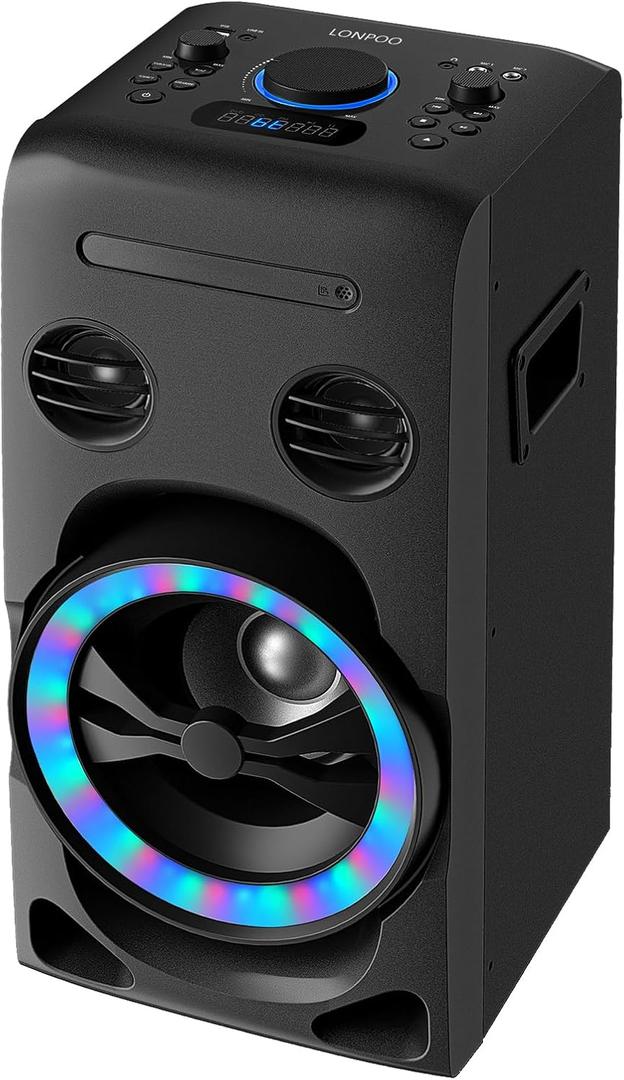 LONPOO 100W Home Speaker System, Stereo Shelf Systems with CD Player, Bluetooth Boom Boxes with FM Radio, USB/AUX Input, R/L Audio Output, Karaoke Function, Earphone Jack, LED Lights