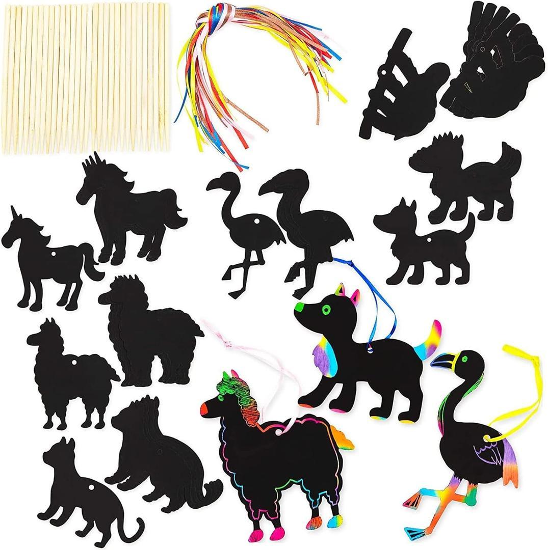 30 Pack Hanging Animal Ornaments Set, Scratch Paper Art Kit for Kids, Decorations