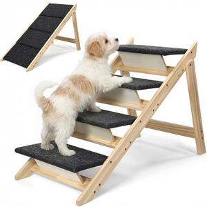 Dog Stairs/Steps, 2-in-1 Foldable Wooden Pet Stairs, Wood Frames and Non-Slip Carpet Suitable for High Beds, Car, Couch, Durable Wooden Dog Stairs for Small Medium and Large Dogs,4 Steps