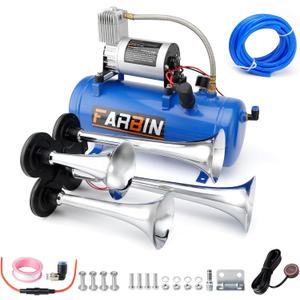 FARBIN Train Horn for Truck 178DB Super Loud Air Horns 4 Trumpet Horns Kit with 150 PSI 12V Air Compressor 6L Air Tank for Truck Car Jeep SUV Train Boat (1.6 gal 12v air horn kit)