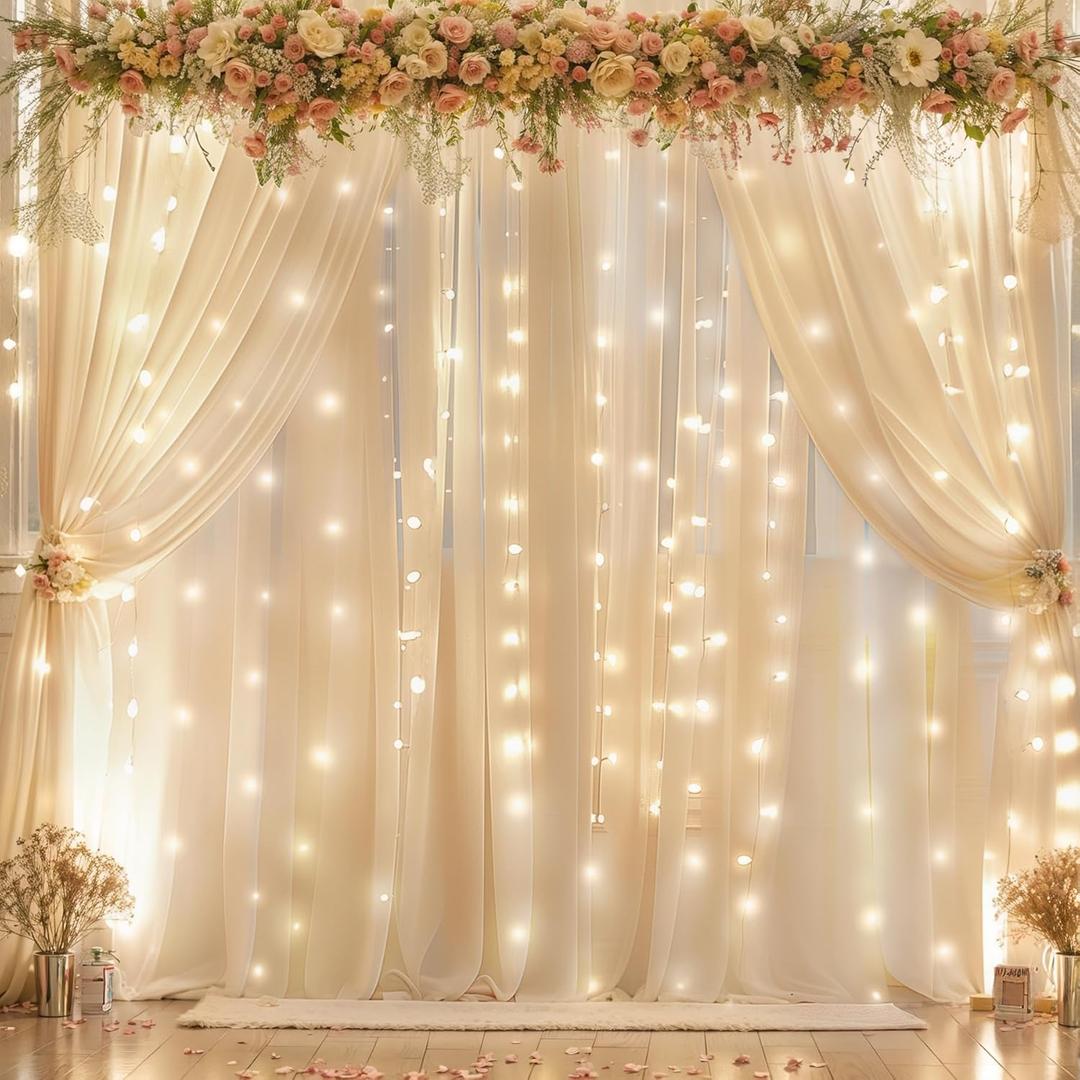 10ft x 10ft Champagne Chiffon Backdrop Curtain with Lights String for Parites Wedding Wrinkle Free Curtain Photo Backdrops Drapes for Baby Shower Birthday Party Home Decorations