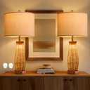 OYEARS 28" Table Lamps Set of 2 with Dual Night Lights, Bedside Lamps for Bedroom, Boho Lamp for Living Room, Rattan Table Lamp with Linen Shade, Farmhouse Lamp with Wood Grain Finish (Bulb Included)