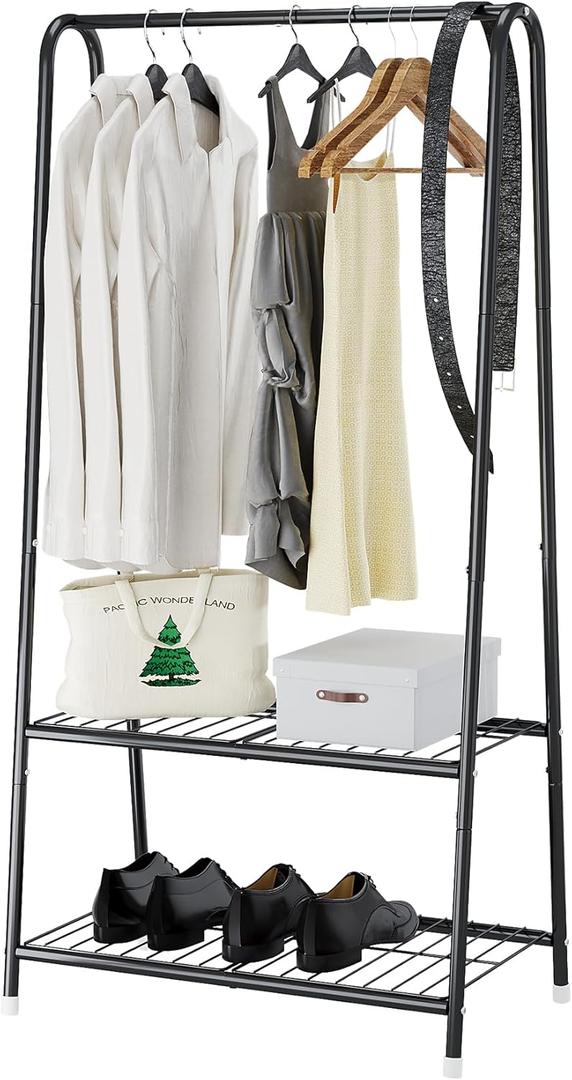Buzowruil Metal Small Clothes Rack,Clothing Garment Rack with Double Layer Shelf for Clothes,Dress, Shoes,Black