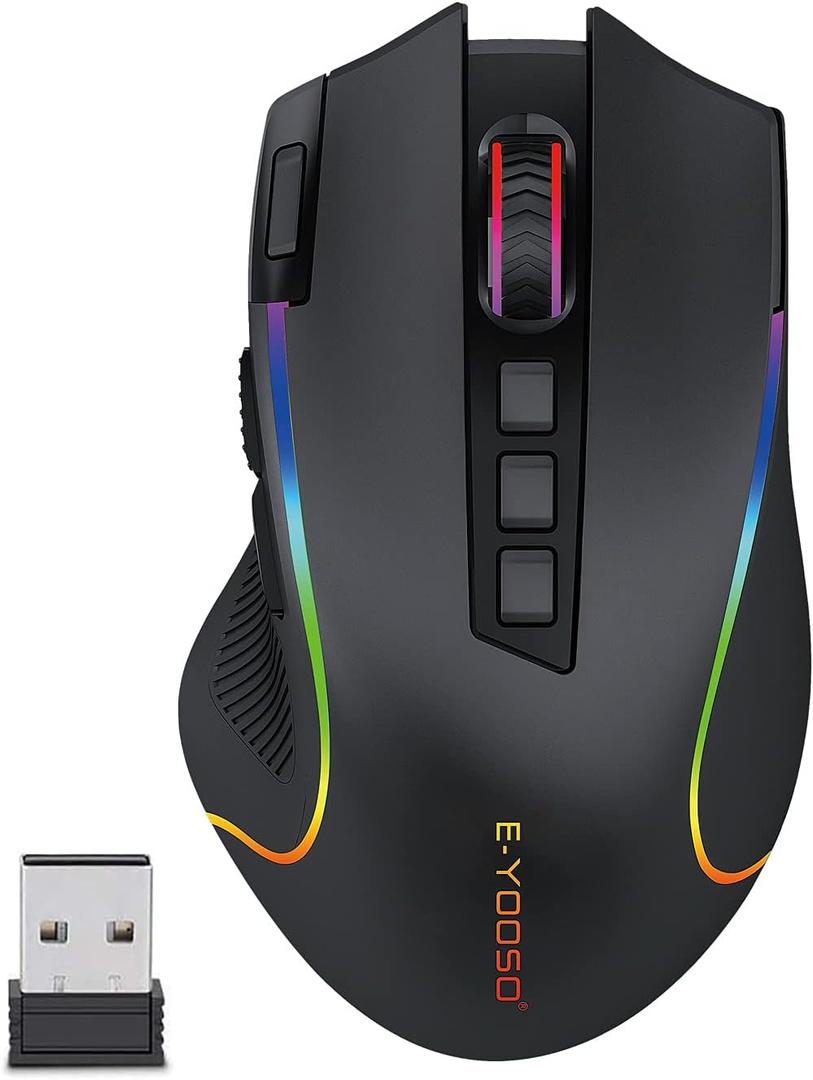 Wireless Gaming Mouse, 8000 DPI Optical Sensor, RGB Backlit, MMO 9 Programmable Buttons, with Macro Recording Side Buttons, Rapid Fire Button, Rechargeable for Mac Windows Computer Gamer, Black