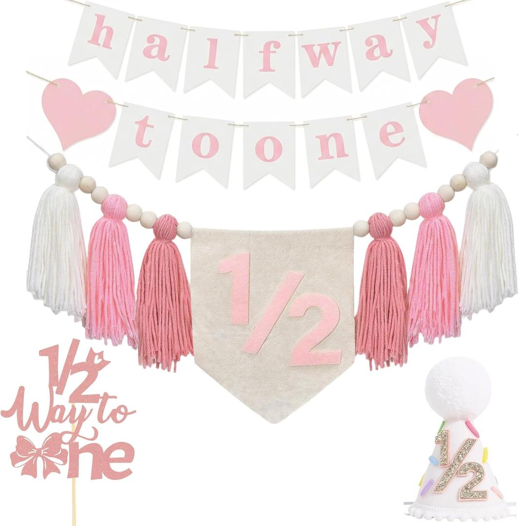 Baby First Birthday Party Decorations First Highchair Banner For Baby Boys Blue High Chair Banner Crown Cake Topper Baby Photo Banner 1st Birthday Photo Backdrop (1/2 Pink)