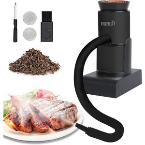 Boruit SK305 Drink Smoke Gun Cocktail Smoker Kit with Wood Chips, Whiskey Meat Bbq Cheese Smoking Infuser Portable Cold Flavour Dry Blaster (Black SK305 Upgrade, Larger Wood Chips Container)