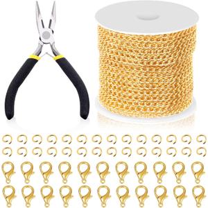 Swpeet 102Pcs Gold 3mm by 10 Yard Length Jewelry Making Chains Kit with Jump Rings, Lobster Clasps and Jewelry Plier, Necklace Chains Flat Cable Link Chain Bulk Ideal for DIY Craft Jewel Making