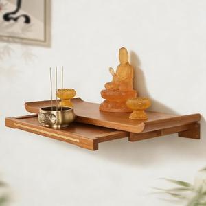 Wall-Mounted Camphor Wood Buddha Altar Shelf Shrine, Buddha Statue Stand with Telescopic Pull Plate, Personal Buddha Niches Shrine for Household Use, Small Buddha Altar Shelf Stand (Brown, large size)