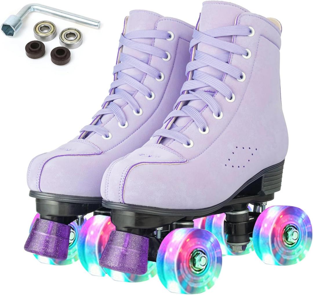 Silvertree Roller Skates for Women and Men PU Leather High-top Adult Roller Derby Skates Wheels Light Up Roller Skates Four-Wheel Shiny Roller Skates for Girls Boys Unisex 38