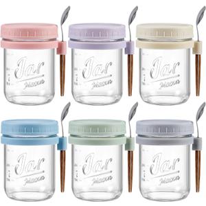 6 Pack Overnight Oats Containers with Lids and Spoons, 16 Oz Glass Mason Overnight Oats Jars, Large Capacity Airtight Jars for Milk, Cereal, Fruit
