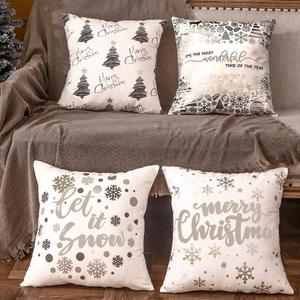 JOJOGOGO Christmas Decorations Silver and White Christmas Pillow Covers 18x18 Set of 4, Silver Xmas Decor Snowflake Christmas Tree Let It Snow Decorative Throw Pillows for Bedding Couch Sofa