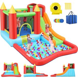 AKEYDIY Inflatable Bounce House for Kids, Fun Jumping Area with Basketball Hoop, Large Pool, Long Slide with Climbing Wall Bouncy House with Air Blower Outdoor Backyard