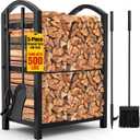 AMAGABELI GARDEN & HOME Firewood Rack Indoor with Tools 5-Piece Fireplace Tools Set Wood Holder Outdoor Wrought Iron Log Holder Heavy Duty Firewood Storage Rack for Fireplace,Fire Pit,Wood Stove Black