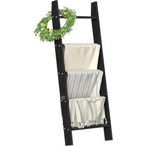 HONEST OUTFITTERS Blanket Ladders for The Living Room, 5-Tier Blanket Holder, Wall-Leaning Blanket Rack, Ladder Shelves, Wooden Quilt Ladder, Farmhouse Decor, Black