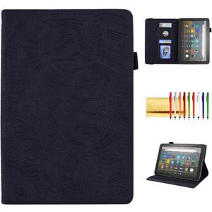 Case for Amazon Fire HD 8 2024 2022 2020/8 Plus 12th 10th Gen, Techcircle Mandala Embossed PU Leather Folio Stand Soft TPU Back Cover Slim Lightweight Elastic Band Protective Case w/Card Slots, Black