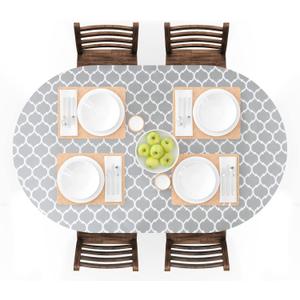 UMINEUX Oval Fitted Vinyl Tablecloth with Elastic Edged & Flannel Backing, Waterproof Wipeable Oval Table Cover - Fits Tables up to 42"X68" (Gray Moroccan)