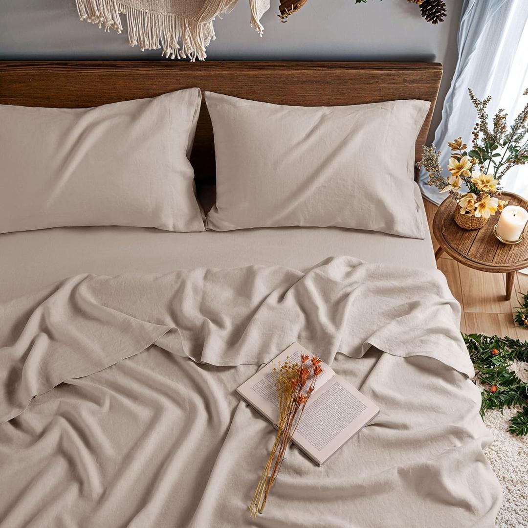 100% France Linen Sheet Queen Sheet Set Luxury 4 pcs Deep Pocket Sheets Up to 16" Bedding Sheet All Season (Linen, Queen)