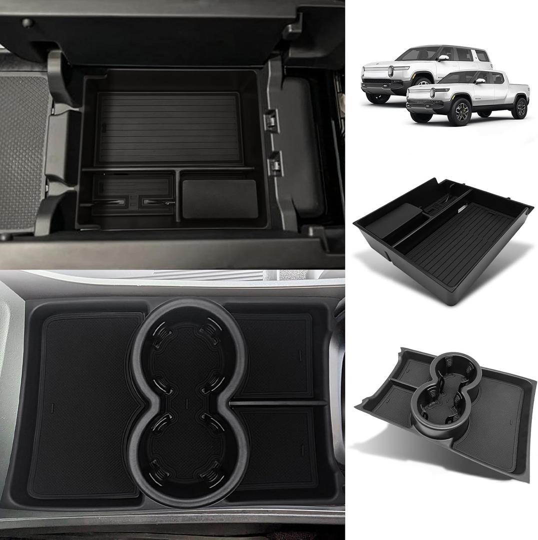 BestEvMod Upgraded V3 Armrest Storage Box and Cup Holder Lower Center Console Organizer Tray with PVC Trim Removable Coin Holder Compatible with Rivian R1T/R1S 2022-2024 (V3 Console+Lower Tray Black)
