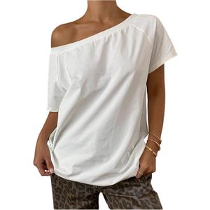 Women's Off The Shoulder Tops Short Sleeve Oversized Tshirts Trendy Y2k Tops Summer T Shirts (White, M)
